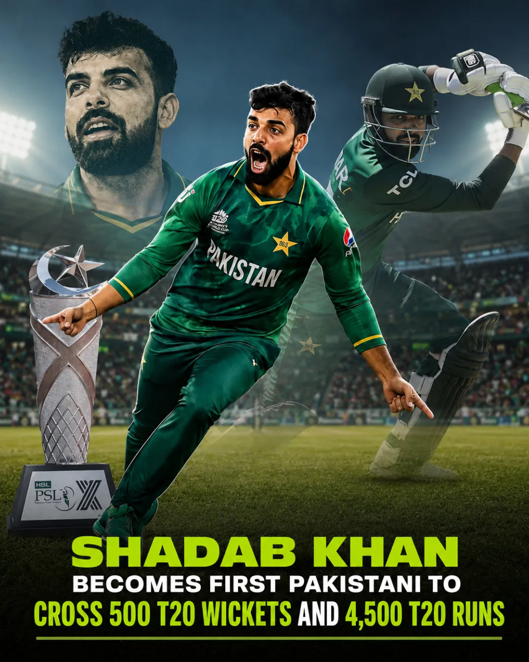 Shadab Khan Becomes First Pakistani to Cross 500 T20 Wickets and 4,500 T20 Runs