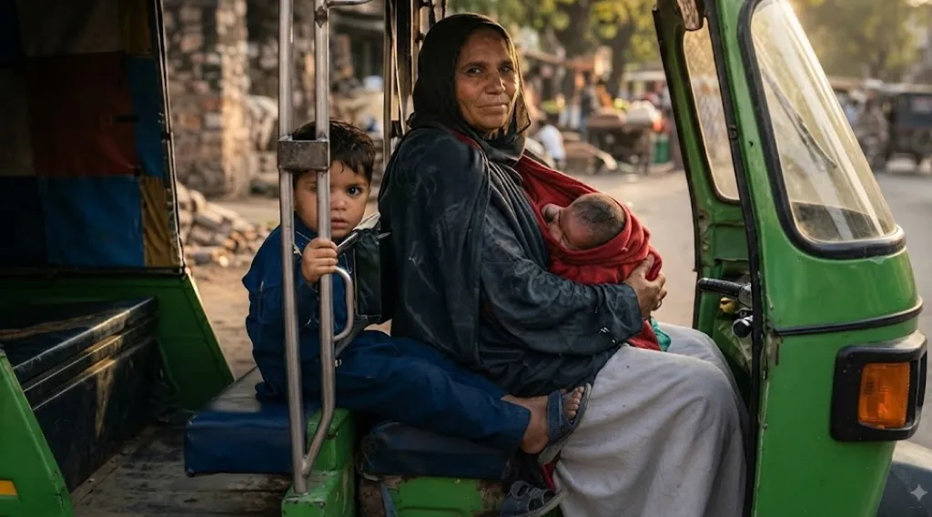A Mother, Her Children and a Rickshaw